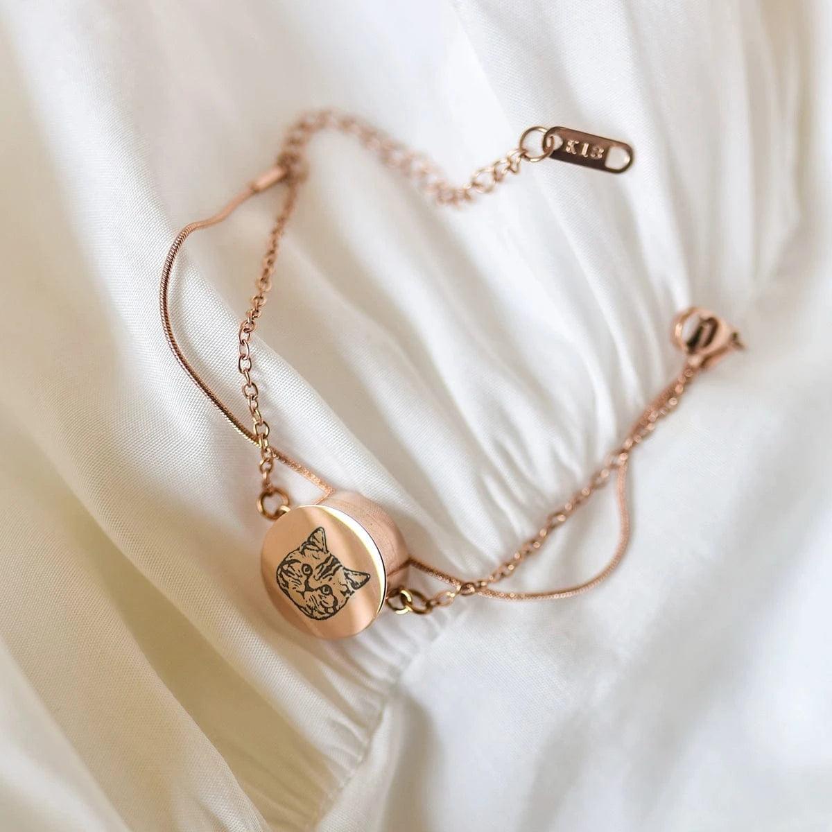 Rose gold coloured bracelet engraved with custom pet face