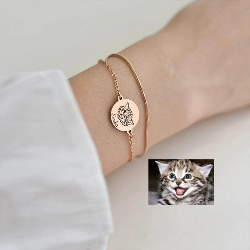 Gold bracelet engraved custom pet kitten next to comparison photo