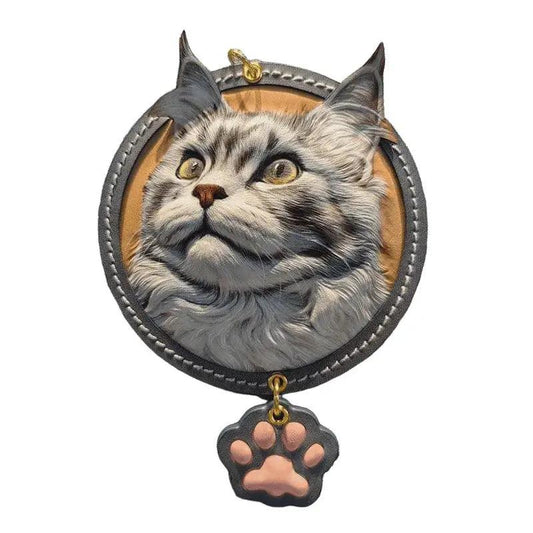 Multi-layered round custom leather engraved cat