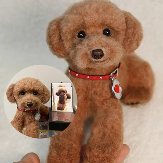 Comparison of a pet dog on the floor and a wool felt clone