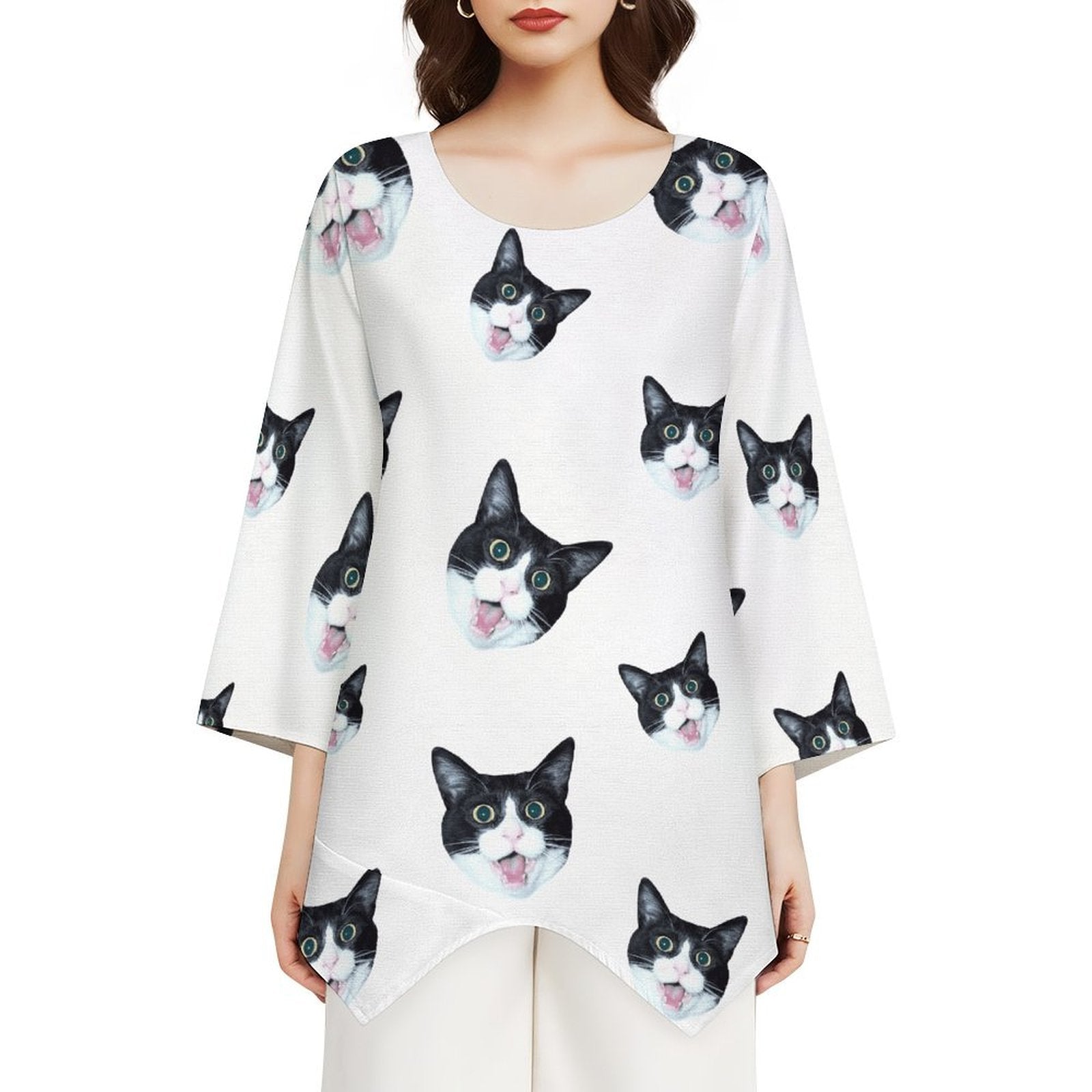 Customised Ladies Pet Cat Face Spring Loose Silk White Top