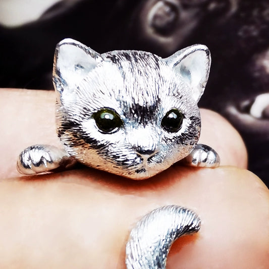 Handcrafted Sterling Silver Cat Ring – Cute Open Adjustable Cat Lover Gift with Gem Eyes