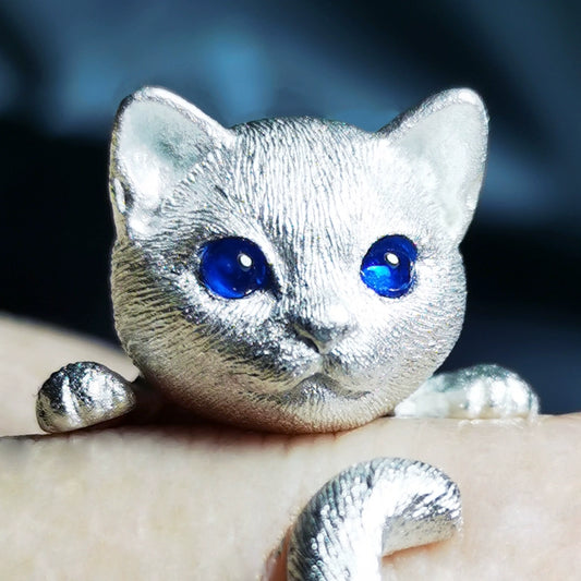 Handcrafted Sterling Silver Cat Ring – Cute Open Adjustable Cat Lover Gift with Gem Eyes
